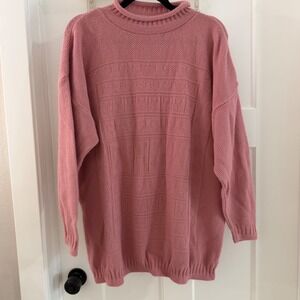 Vintage Spunky Pink Heart Knit Mock Neck‎ Oversized Sweater USA Cottagecore